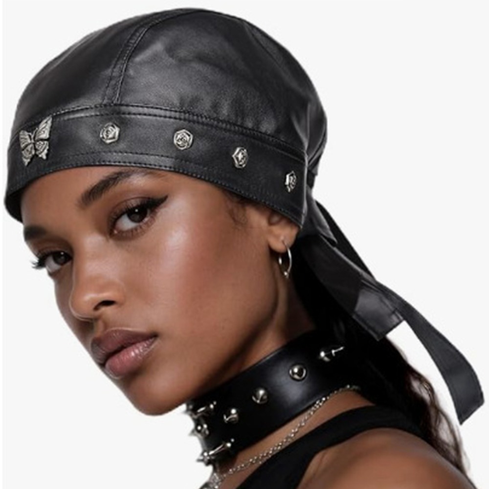 Bandana Doo Rag - Yeni PU Deri Siyah Biker Şapkası